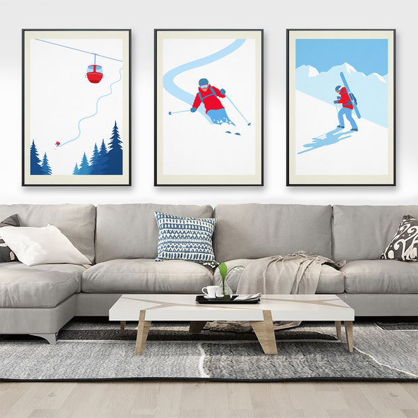 Set of 3 unframed minimalistic ski prints, Set of 3 unframed ski posters