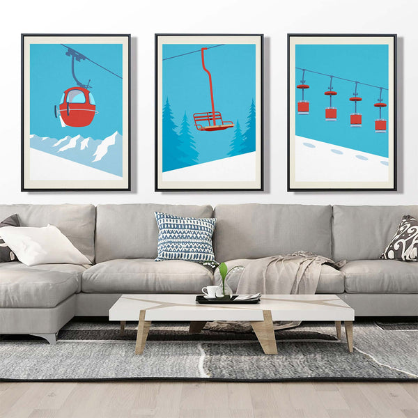 Set of 3 unframed minimalistic ski lift prints, Set of 3 unframed ski lift posters