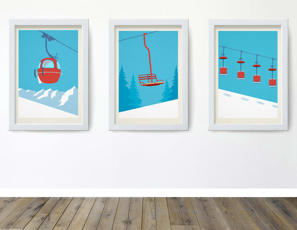 Set of 3 unframed minimalistic ski lift prints, Set of 3 unframed ski lift posters