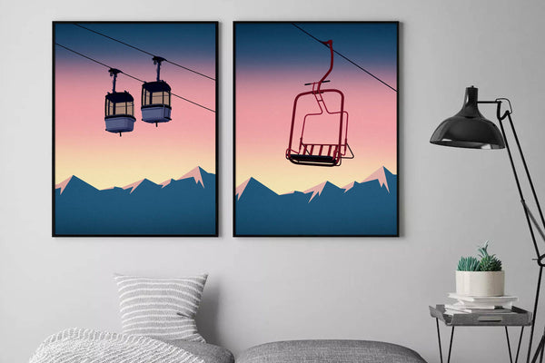 Set of 2 Ski prints, Sunrise over the mountains.
